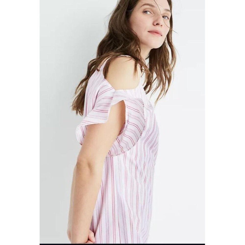 NWT Madewell Rose Stripe Bell Sleeves Cold-Shoulder Dress Size L 1046 - Picture 6 of 10